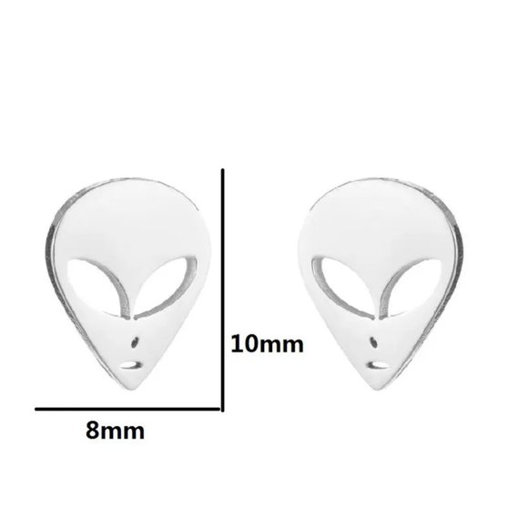 Unisex Silver Titanium Steel Alien Stud Earrings NEW - Picture 5 of 6